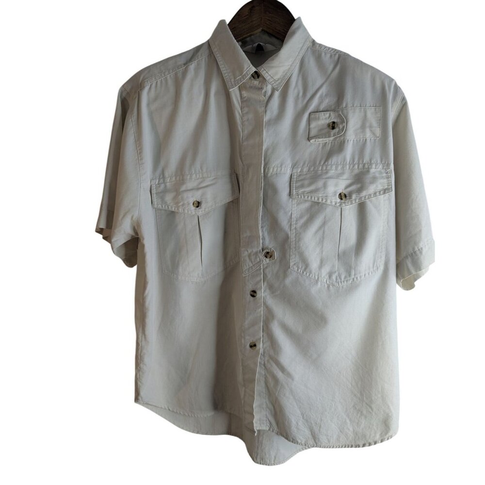 VTG Womens Shirt Sz M Beige Button Up Pockets Grunge Skater Y2K Old School Retro